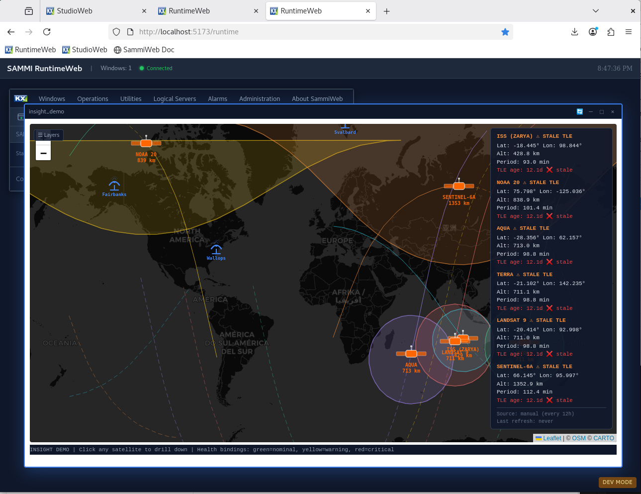 SammiWeb RuntimeWeb displaying real-time satellite telemetry in the browser